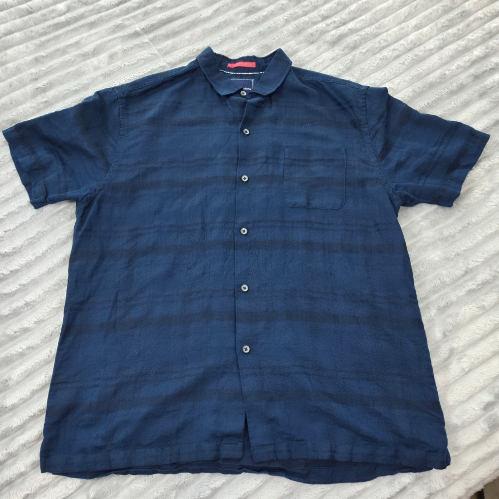 Tommy Bahama Mens XL Blue Linen Cotton Striped Short Sleeve Button Down Shirt
